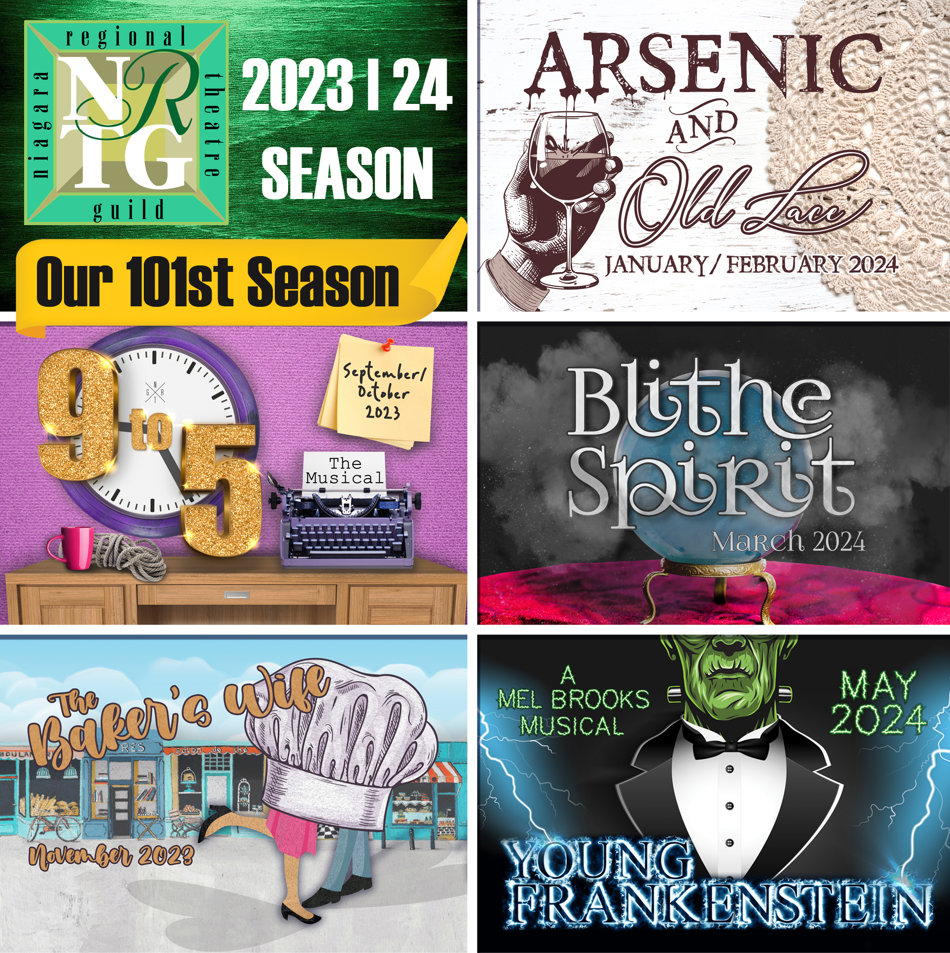 2023-24 Season: 9 to 5 (September/October 2023), The Baker's Wife (November 2023), Arsenic and Old Lace (January/February 2024), Blithe Spirit (March 2024), Young Frankenstein (May 2024)